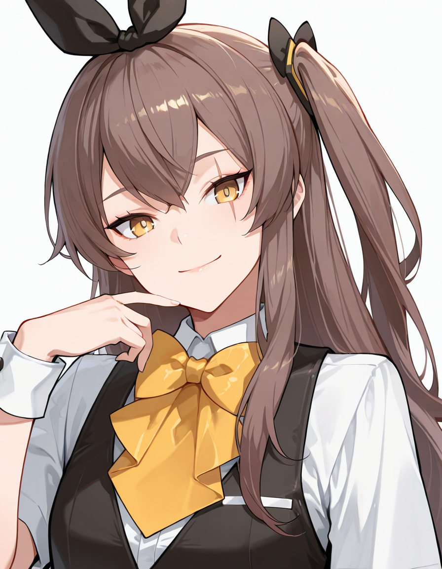 Volumetric Lighting, (masterpiece), (best quality), (ultra-detailed), masterpiece, source_anime, score_9, score_8_up, score_7_up BREAK, illustration, disheveled hair, detailed eyes, perfect composition, moist skin, intricate details, detailed eyes, detailed face, detailed fingers BREAK, UMP45, brown hair, long hair, one side up, yellow eyes, scar across eye BREAK, HopefulFirewatchMagician, HFM_shirt, HFM_vest, HFM_shirt_bow, HFM_wrist_cuffs, HFM_bowtie,hair bow,hair ribbon, yellow ribbon, black ribbon BREAK, ((white background)), looking at viewer, smile, closed mouth, upper body, hand up