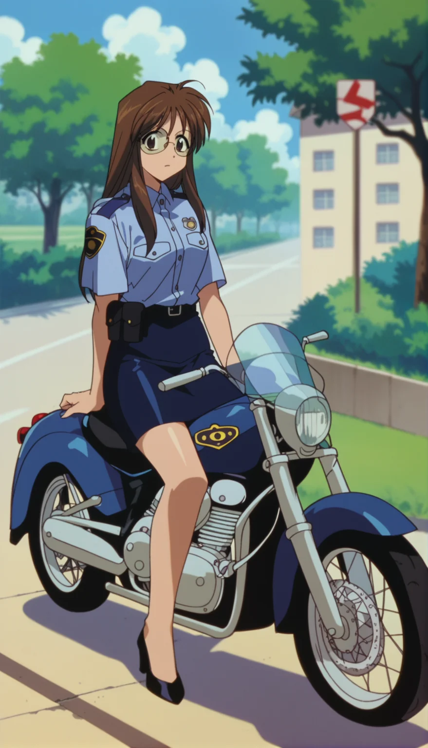 score_9,score_8_up,score_7_up,Nikaido Yoriko Pony,1990s \(style\),1girl,solo,motor vehicle,police,glasses,police uniform,uniform,policewoman,helmet,motorcycle,blue shirt,skirt,shirt,brown hair,motorcycle helmet,outdoors,long hair,black footwear,sitting,blue skirt,short sleeves,tree,blurry,ikari shinji,building,blurry foreground,collared shirt,high heels,depth of field,<lora:Nikaido Yoriko Pony:0.9>,