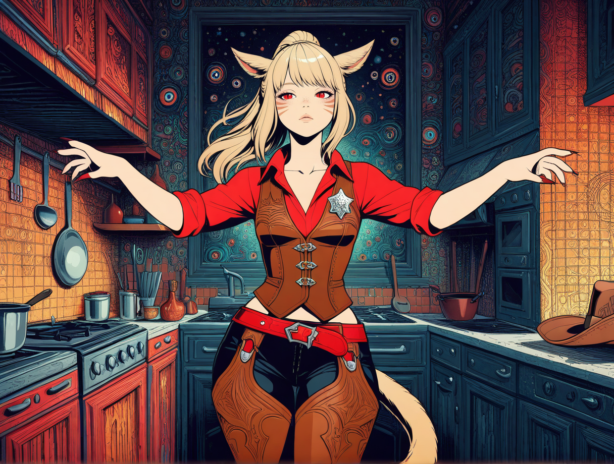 high quality, best quality, masterpiece, highres, very aesthetic, absurdres, <lora:NSFWFilter_illusXL_Incrs_v1:-.5>, solo focus, dynamic pose, cowboy shot, 
Miqo'te \(Final Fantasy XIV\), cat ears, long hair, blonde hair, high ponytail, red eyes, slit pupils, half-closed eyes, whisker markings, sharp nails, cat tail, wide hips, small breasts, sheriff, cowboy hat, red shirt, collared shirt, collarbone, rolled up sleeves, brown vest, sheriff badge, red belt, brown chaps, cowboy boots
, indoors, at a kitchen, from behind, kitchen apron, <lora:Trippy_Reality_Illustrious:1>, trippy artwork, illustration, abstract, fine line art, flat colors