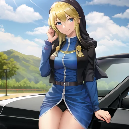 masterpiece, best quality, 1girl, Goeniko, blonde hair, looking at viewer, solo, parking lot