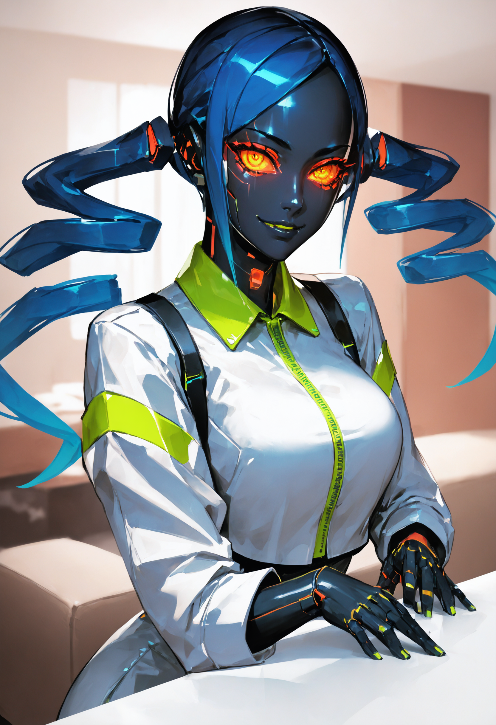 score_9, score_8_up, score_7_up score_9, score_8_up, score_7_up, score_6_up, score_5_up, score_4_up, rating_safe,
 <lora:RoboBabesV1.2:1>, r0b0bab3s, android, humanoid robot,
1girl, upper body, face focus, tall female, solo, detailed eyes, light smile, looking at viewer, on stomach, Electric Lime and Night Black hair, twin drills, indoors, living room, furniture,