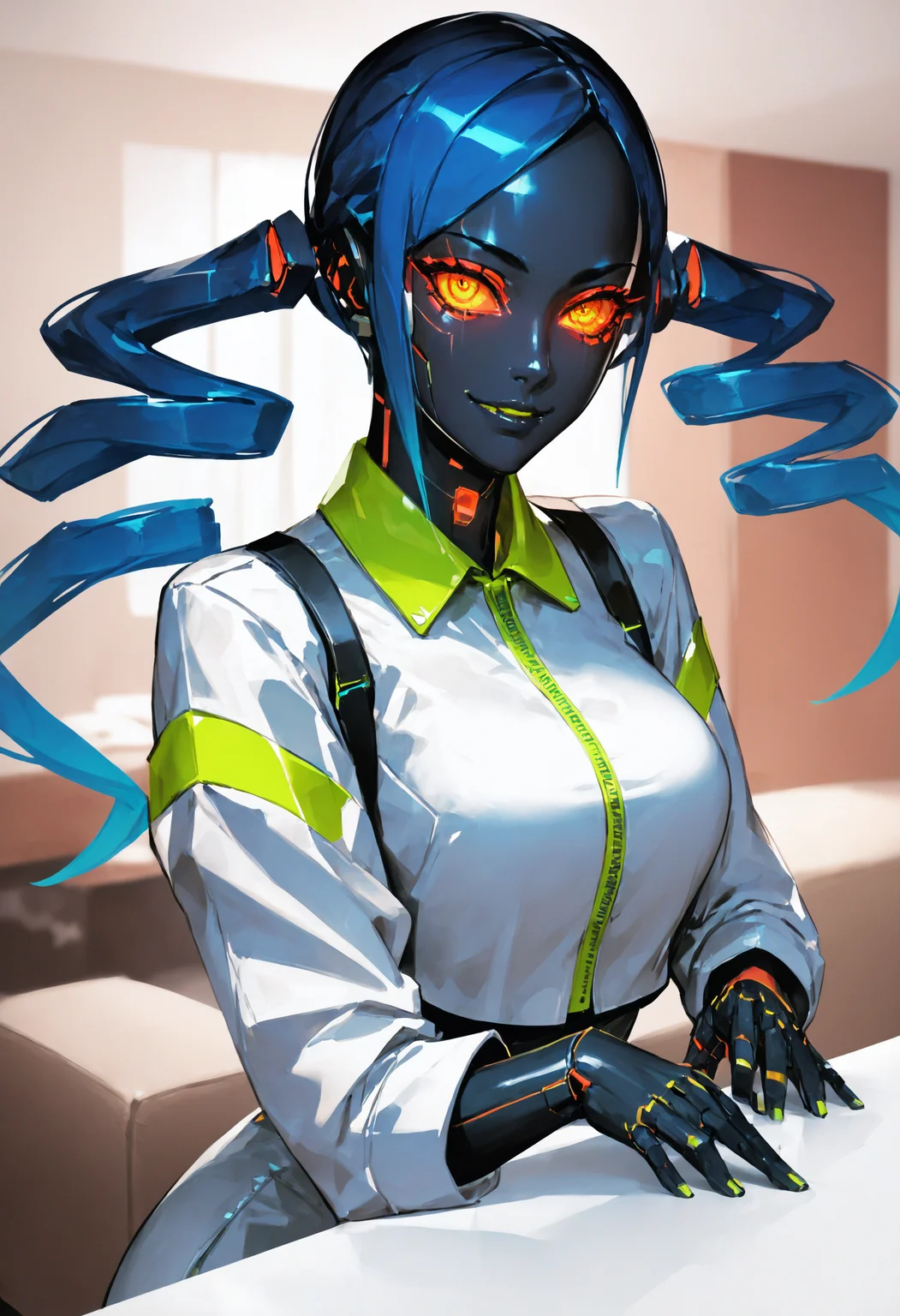 score_9, score_8_up, score_7_up score_9, score_8_up, score_7_up, score_6_up, score_5_up, score_4_up, rating_safe,
 <lora:RoboBabesV1.2:1>, r0b0bab3s, android, humanoid robot,
1girl, upper body, face focus, tall female, solo, detailed eyes, light smile, looking at viewer, on stomach, Electric Lime and Night Black hair, twin drills, indoors, living room, furniture,