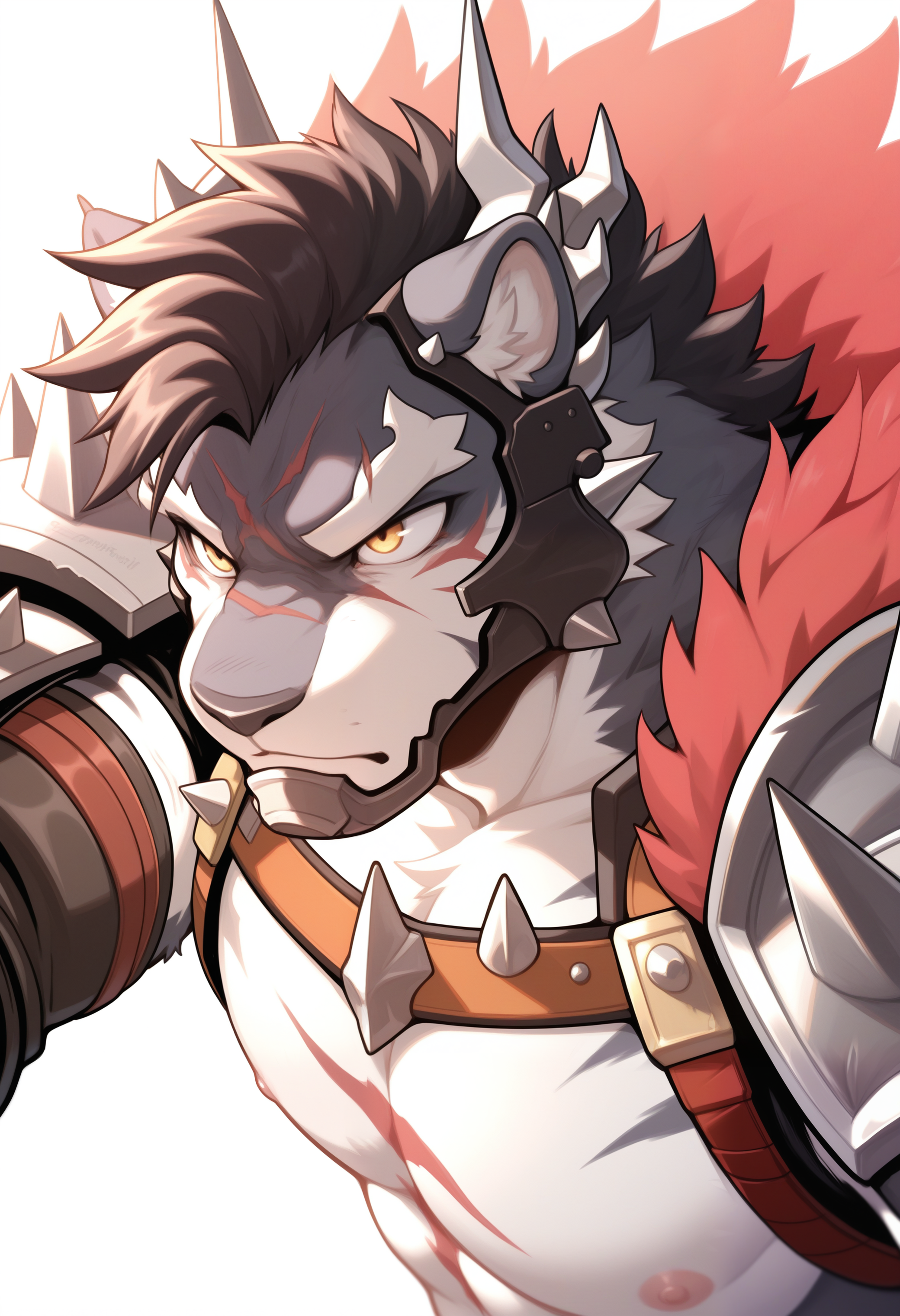 masterpiece,best quality,amazing quality, 1boy, solo, y40, furry male, face armor, red feathers, gauntlets, spiked armor, spiked pauldrons, close up, side angle, serious,