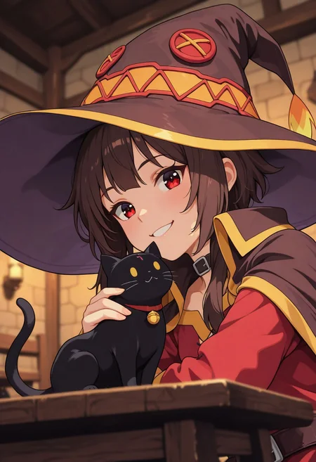 megumin, smiling, witch hat, holding black cat, chomusuke \(Konosuba\), indoors, tavern, table, playing with cat,
masterpiece, best quality, good quality, very aesthetic, absurdres, newest, 8K, depth of field, focused subject,
close up, stylized, wabi sabi, 1girl,  looking at viewer, dynamic angle, from below, from side, relaxing
in the style of cksc, in the style of cknc, artist:moriimee, in the style of ck-rw