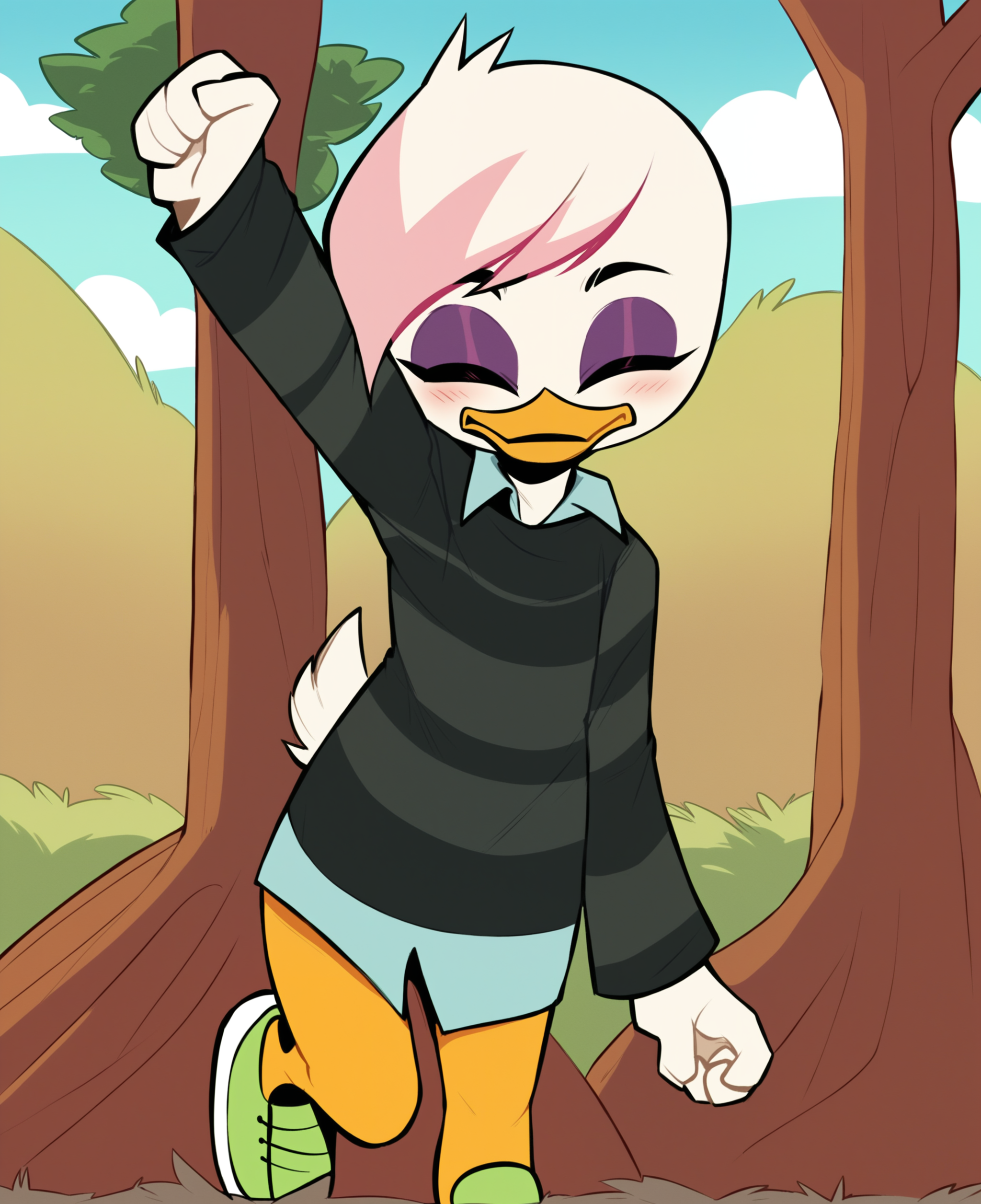 score_9, score_8_up, score_7_up, score_6_up, best quality, highres, source_furry, BREAK
drocll, BREAK
1girl, female, solo, furry, outside, cloud, tree, duck, beak, lena sabrewing, young, child, white skin, white hair, pink highlights, short hair, eyes closed, happy, blush, orange legs, sneakers, purple eyeshadow, bottomless, dress shirt, dark clothing, striped sweater, long sleeves, arm up, clenched hand <lora:Lena_Sabrewing:1>