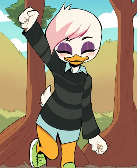 score_9, score_8_up, score_7_up, score_6_up, best quality, highres, source_furry, BREAK
drocll, BREAK
1girl, female, solo, furry, outside, cloud, tree, duck, beak, lena sabrewing, young, child, white skin, white hair, pink highlights, short hair, eyes closed, happy, blush, orange legs, sneakers, purple eyeshadow, bottomless, dress shirt, dark clothing, striped sweater, long sleeves, arm up, clenched hand <lora:Lena_Sabrewing:1>