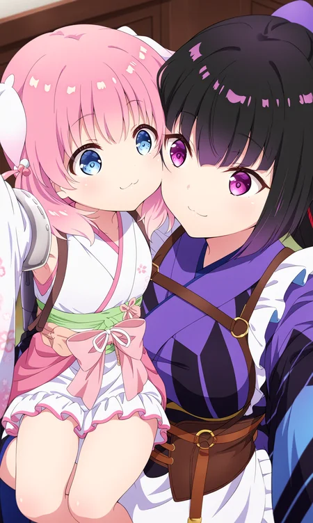 masterpiece, best quality, close-up, zzhaizakura, zzKarasuba, from below, 1girl, solo, looking at another, face-to-face, carrying person, :3, from above, multcolored hair, japanese clothes, lifting person, black hair, long hair, Selfie angle, purple hair, carrying, arms around neck, arm up, wa maid, cheek-to-cheek, bare legs, leg lock, thighs, :3, looking at viewer, pink hair, short hair, hug from forward, smile, bow, bare shoulders, detached sleeves, japanese clothes, hair ornament, long sleeves, apron, purple eyes, ponytail, blue eyes, kimono, wide sleeves, kimono, blurry, sash, blurry background, obi, floral print, pink bow, white kimono, sleeveless kimono, upper body, maid, maid apron, wide sleeves, frills, corset, ribbon, white apron, closed mouth, open month, height difference frilled apron, skirt, age difference, long sleeves, indoors, purple kimono, standing, 