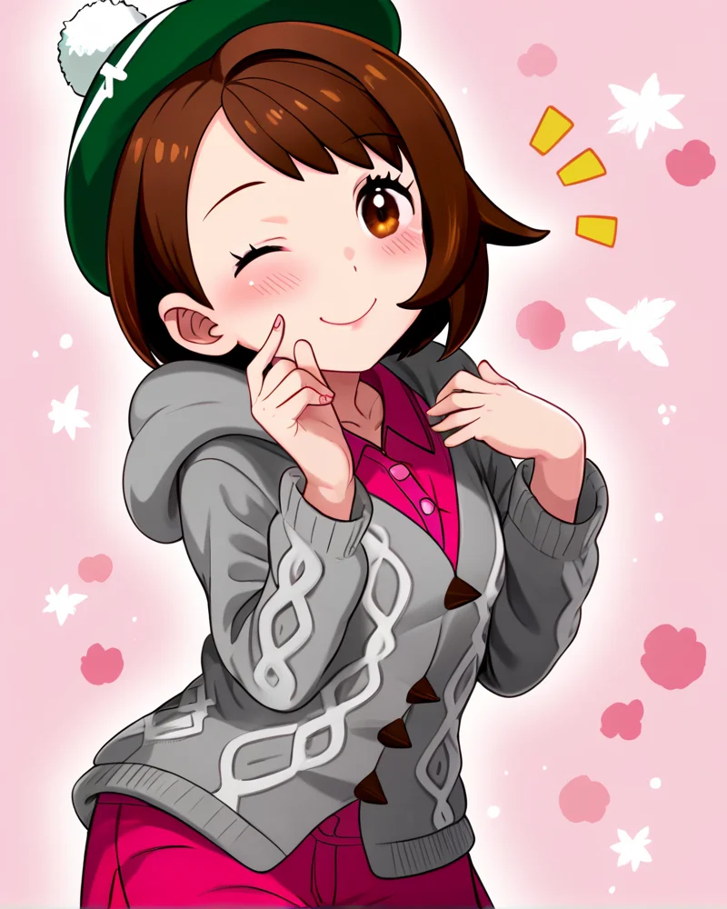 solo, <lora:nekomata_naomi_style_ForPony:1> Gloria (Pokemon), blushing, cardigan, wink