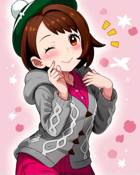 solo, <lora:nekomata_naomi_style_ForPony:1> Gloria (Pokemon), blushing, cardigan, wink