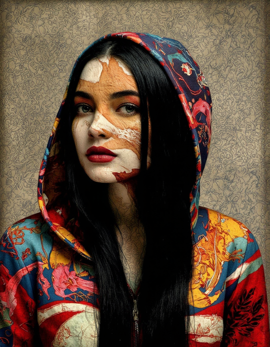 Art by Juan Brufal.
A portrait of a woman, framed in a collage style, with a focus on vibrant colors and textures. the woman, who appears to be in her mid-twenties, has long, straight black hair that falls down her back. she is wearing a colorful, patterned jacket with a hood that covers her face, and her eyes are a striking blue. her lips are painted a deep red, and she has a sultry expression. the background is a textured, vintage rug with a floral pattern, adding to the overall aesthetic of the image. the overall effect is one of bold, vibrant colors, creating a striking contrast with the woman's face.