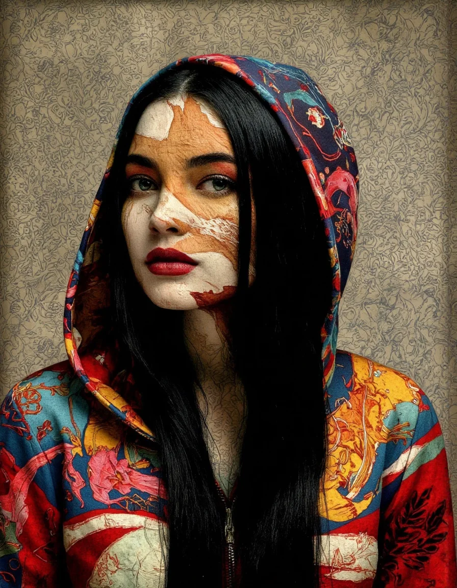 Art by Juan Brufal.
A portrait of a woman, framed in a collage style, with a focus on vibrant colors and textures. the woman, who appears to be in her mid-twenties, has long, straight black hair that falls down her back. she is wearing a colorful, patterned jacket with a hood that covers her face, and her eyes are a striking blue. her lips are painted a deep red, and she has a sultry expression. the background is a textured, vintage rug with a floral pattern, adding to the overall aesthetic of the image. the overall effect is one of bold, vibrant colors, creating a striking contrast with the woman's face.