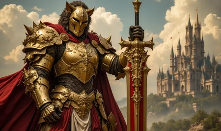A portrait of a gold knight wearing a lion armor and holding a giant gold and red bride sword, red and gold cape, giant castle, cinematic, FredFraiStyle