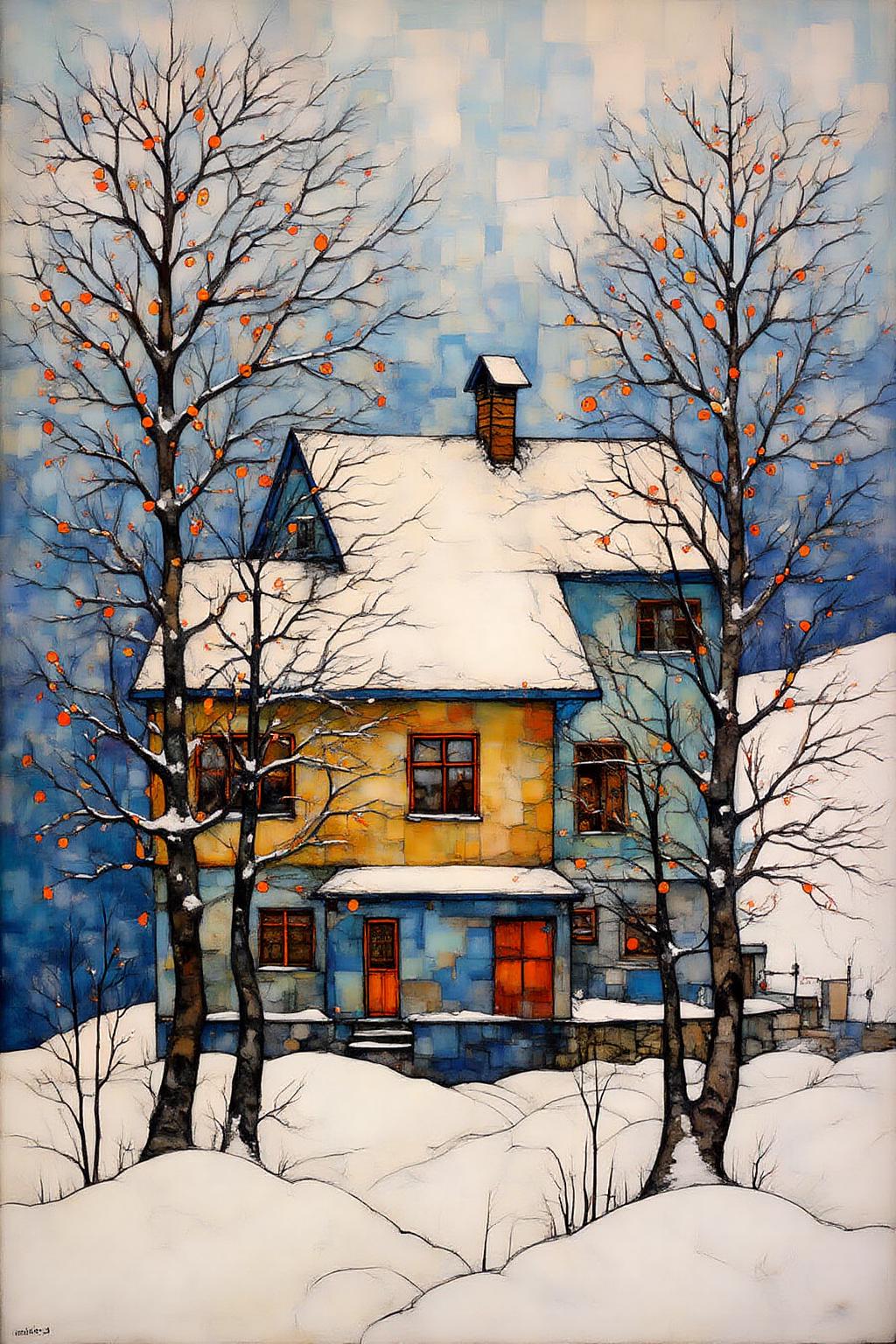 kaoruyamada1 painting.
A winter scene with a two-story house surrounded by snow-covered ground and trees. The house has a blue and yellow facade with a red door and several windows. The roof is covered with snow, and there are orange fruits on the trees in the foreground. The background features a gradient of blue and white. <lora:kaoruyamada1_f16e9:1.0><lora:868865858410129164:0>