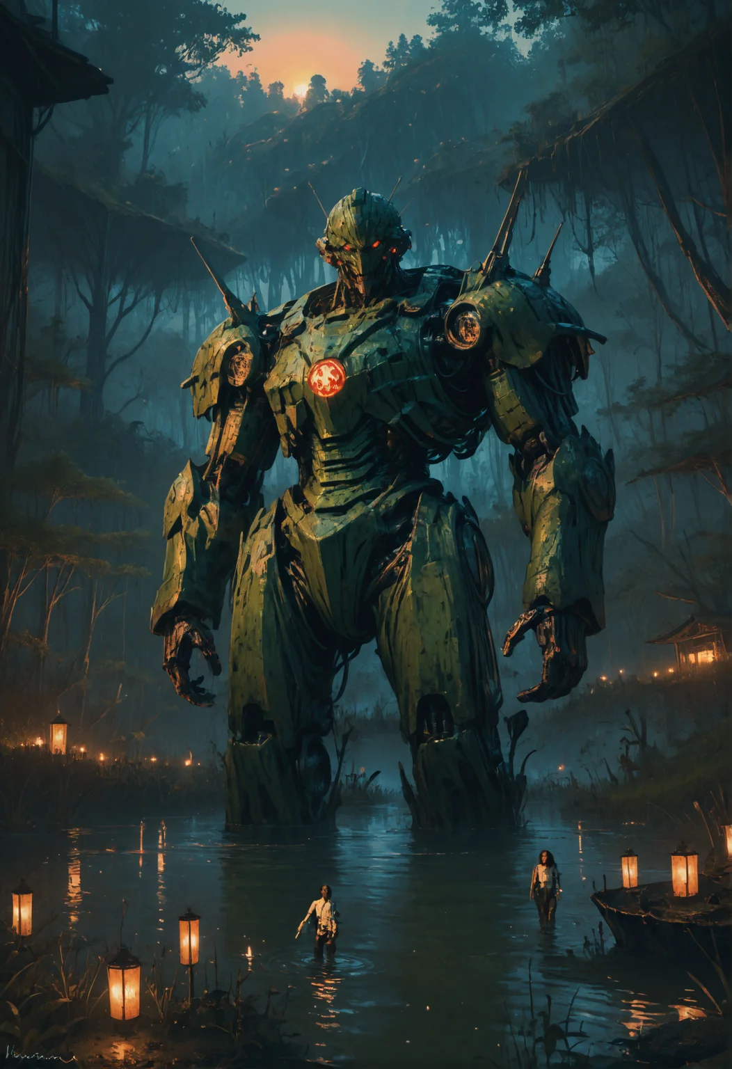 score_9, score_8_up, score_7_up, <lora:MechaForge-000003:1> m3chaf0rge, giant, giant mech, mecha, bipedal mech, science fiction, sunset, full body, legs, swamp, wetland, people,