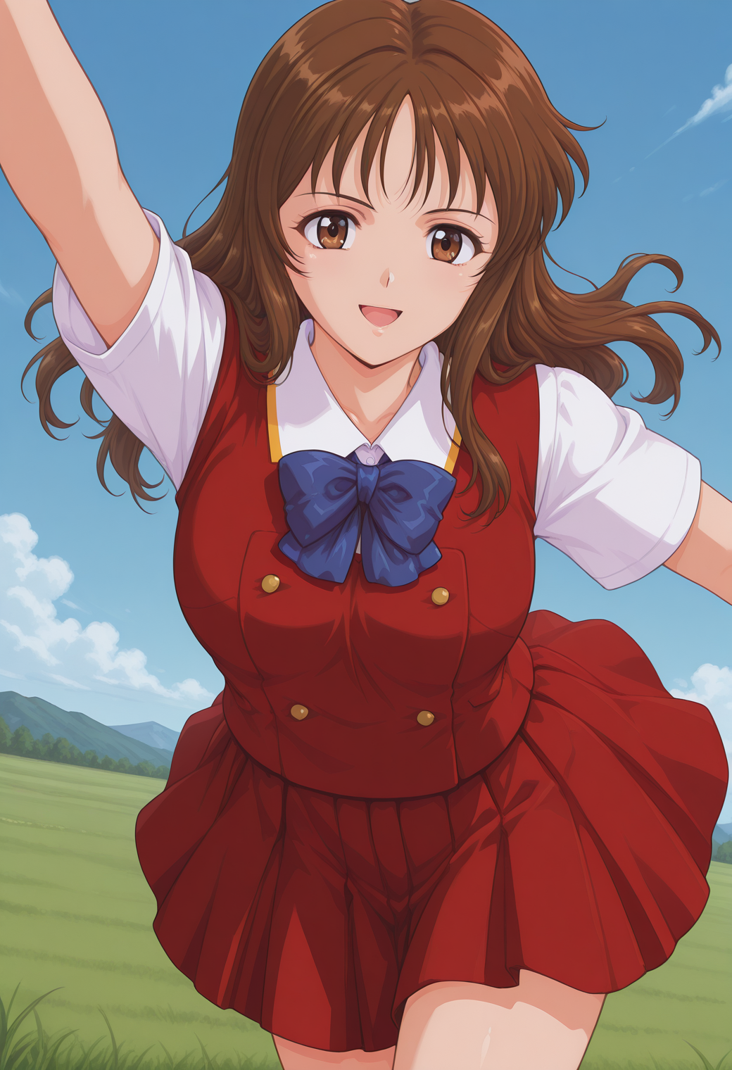 sendou_asuka, brown eyes, brown hair, long hair, blue bowtie, school uniform, short sleeves, vest, red vest, red skirt, <lora:fr_sendou_asuka_illustrious_ver2:0.8> 
smile, open mouth, cowboy shot,, masterpiece, best quality, sensitive,, 1girl, solo, blue sky, (grasslands:1.2), looking at viewer,, (dynamic pose:1.4),
