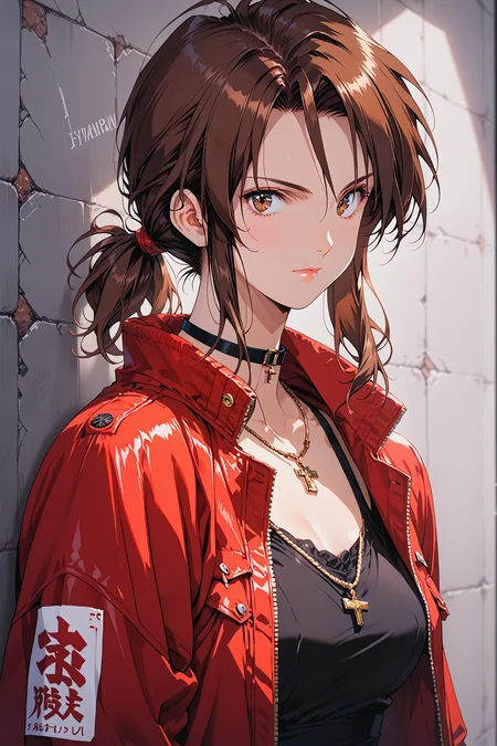 score_9, score_8_up, score_7_up,
1girl, solo, Priss, Brown hair, brown eyes, sidelocks,  (untied hair), medium hair, 
black dress, red jacket, choker, necklace, fingerless gloves,
cybernetic wall, grey wall, looking at viewer, 
urushihara satoshi style, 
<lora:Priss_Asagiri__Bubblegum_Crisis_Tokyo_2040:0.7>,   <lora:woman_consistency_v2-loha:0.5>,  <lora:super lora_flyx3_XL_PONY:0.6>,  <lora:cnv3mdde878c738thn20:0.5>, <lora:gg3:0.6>
