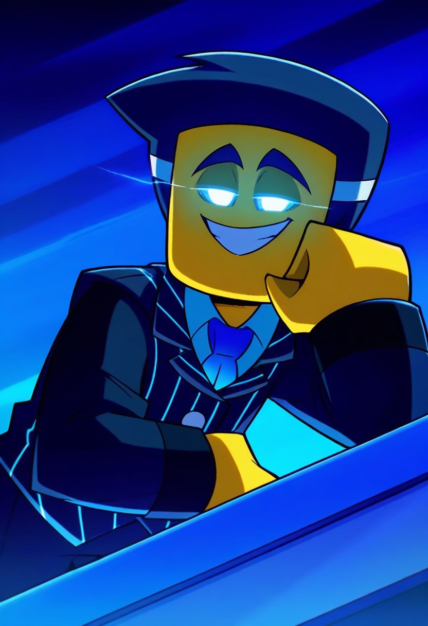 Mystic Mayor, Light blue shirt underneath, No pupils, Pure white eyes, Silver gray hair streaked with horizontal band of light blue, Yellow skin, black suit with blue stripes on the lounge jacket and the lapels, closed eyes, half-closed eyes, looking at viewer, glowing eyes, blue theme, 1boy, solo, evil smirk