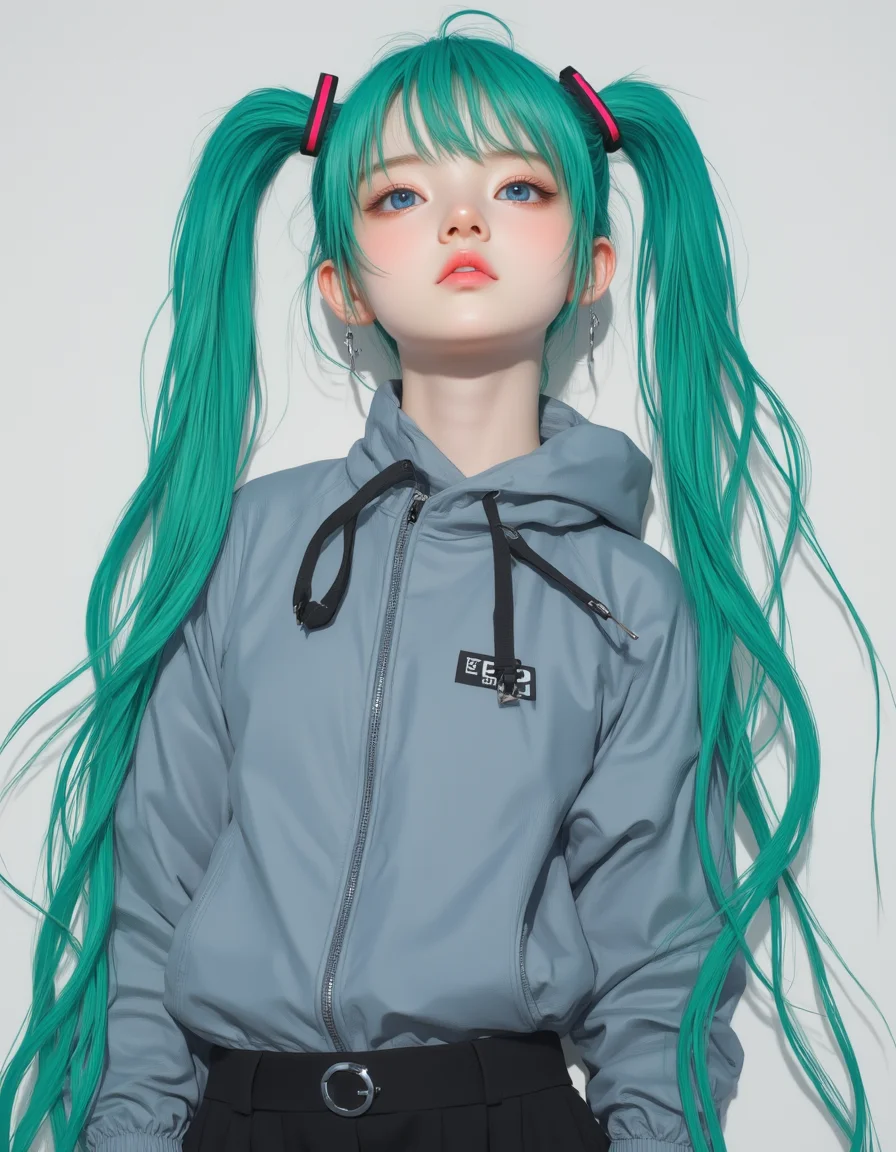 Semi-Realistic
Editorial fashion photo full body Hatsune Miku wearing elemental school uniform