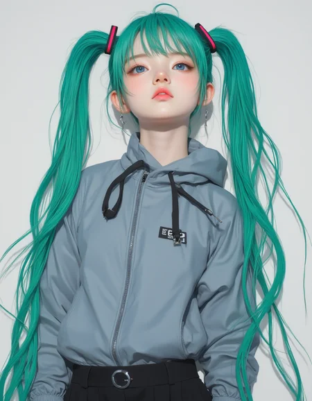 Semi-Realistic
Editorial fashion photo full body Hatsune Miku wearing elemental school uniform