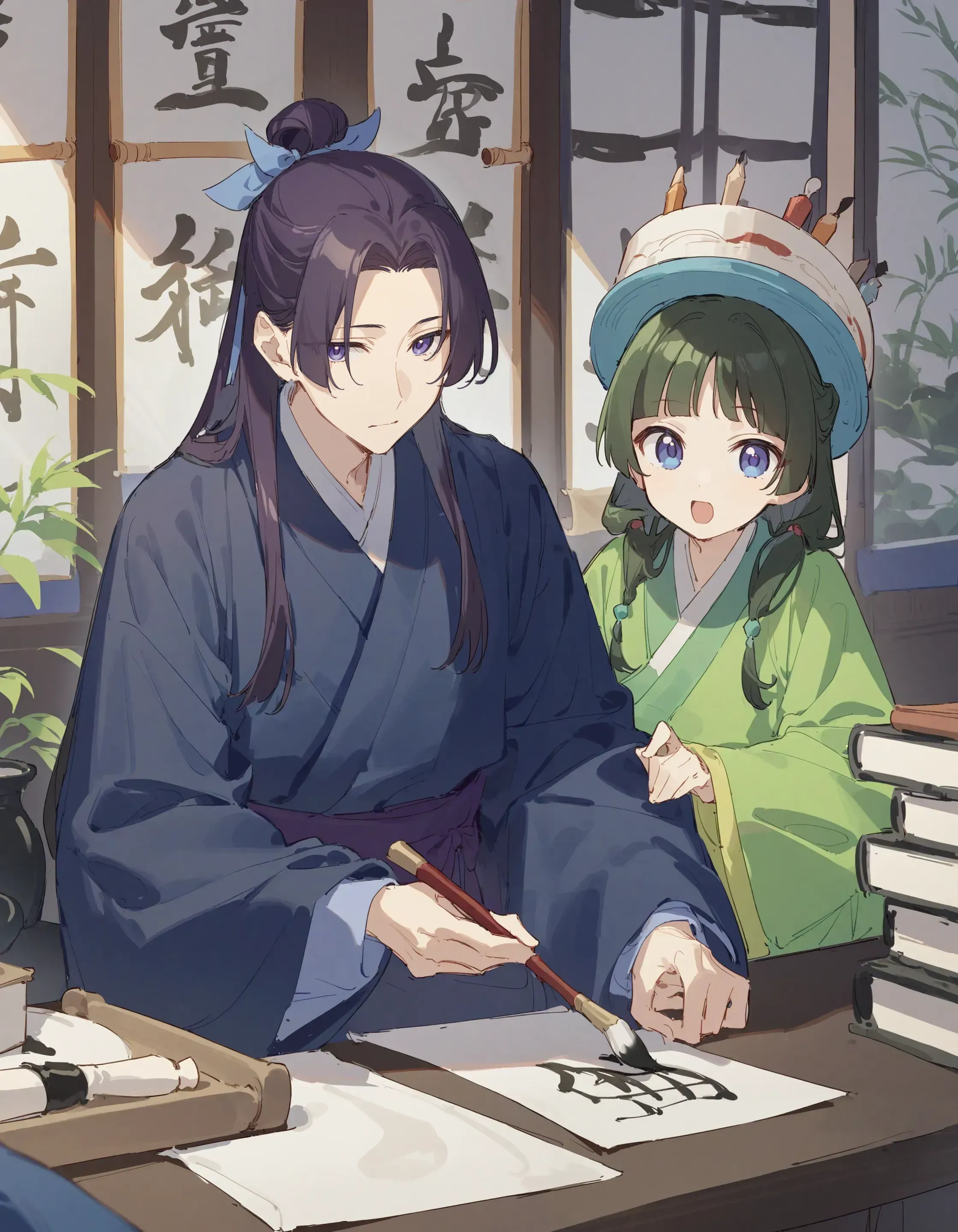 (cake hat:1.0),
1girl, 1boy, jinshi \(kusuriya no hitorigoto\), maomao \(kusuriya no hitorigoto\), kusuriya no hitorigoto, tsubsa syaoin, bamboo screen, black hair, blue eyes, blue jacket, blue ribbon, blue robe, blunt bangs, book, book stack, branch, calligraphy brush, dress, gaiwan, green dress, hair bun, hair over shoulder, hair ribbon, half updo, hanging scroll, holding, holding calligraphy brush, holding paintbrush, inkwell, jacket, long sleeves, looking at viewer, multi-tied hair, paintbrush, paintbrush rack, painting \(object\), paper, parted bangs, purple eyes, ribbon, robe, sauce, scroll, single hair bun, sitting, standing, table, wide sleeves, writing, (purple eyes, purple hair:1.1)
best quality, masterpiece,
<lora:concept_cakehat:1>