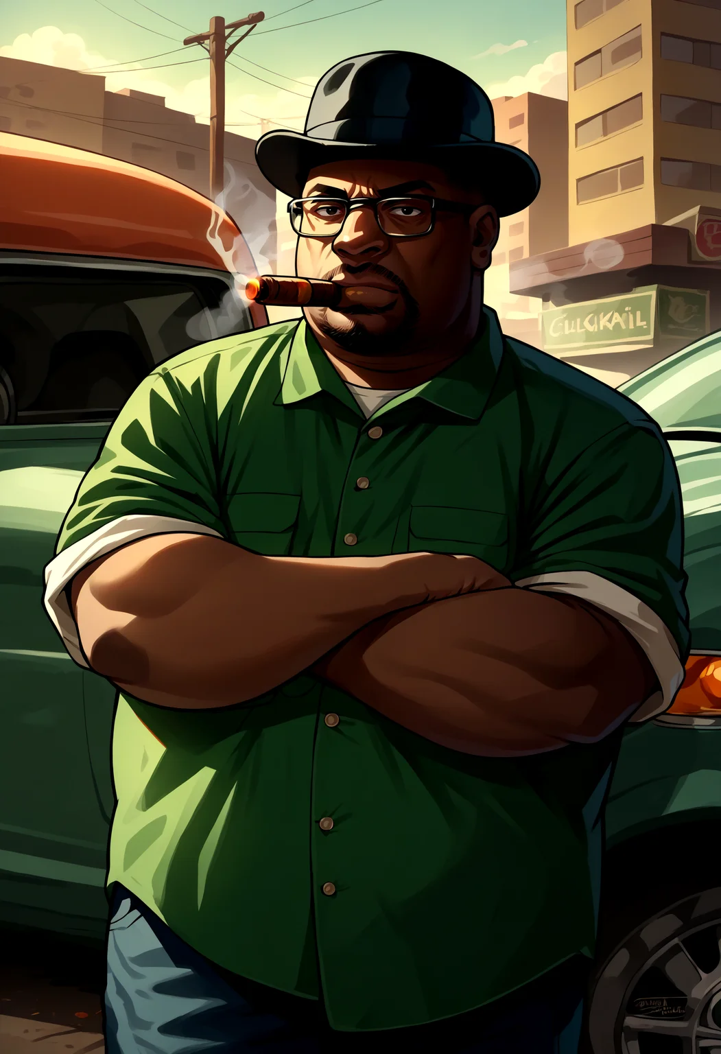 score_9, score_8_up, source_anime, 1boy, solo, male focus, BigSmoke, black eyes, dark-skinned male, facial hair, glasses, black headwear, green shirt, pants, <lora:BigSmoke_XLPD:1>, cigar, car, smoking, steam, smoke, outdoors,