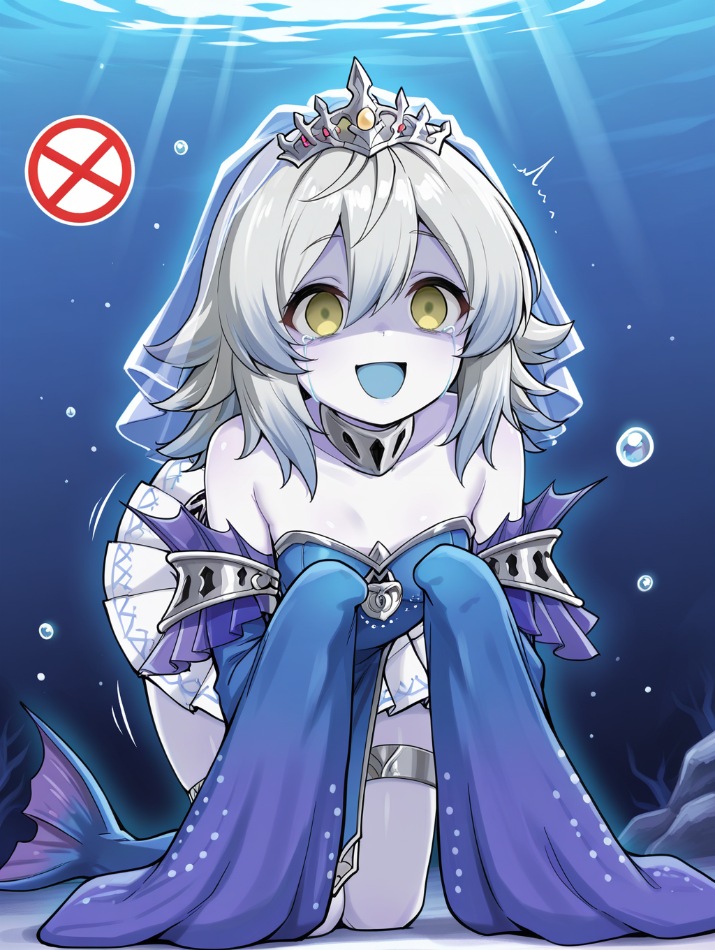 tearlaments merrli,blue dress,silver tiara,blue detached sleeves,mermaid,calf fins,solo,1girl,open mouth,all fours,smile,empty eyes,tears,sleeves past fingers,white skin,:d,crying with eyes open,blue bridal veil,gradient,prohibited symbol,underwater,motion lines,shaded face,
masterpiece,best quality,amazing quality,very aesthetic,absurdres,newest,<lora:Tearlaments Merrli illuXL v1:0.75>,