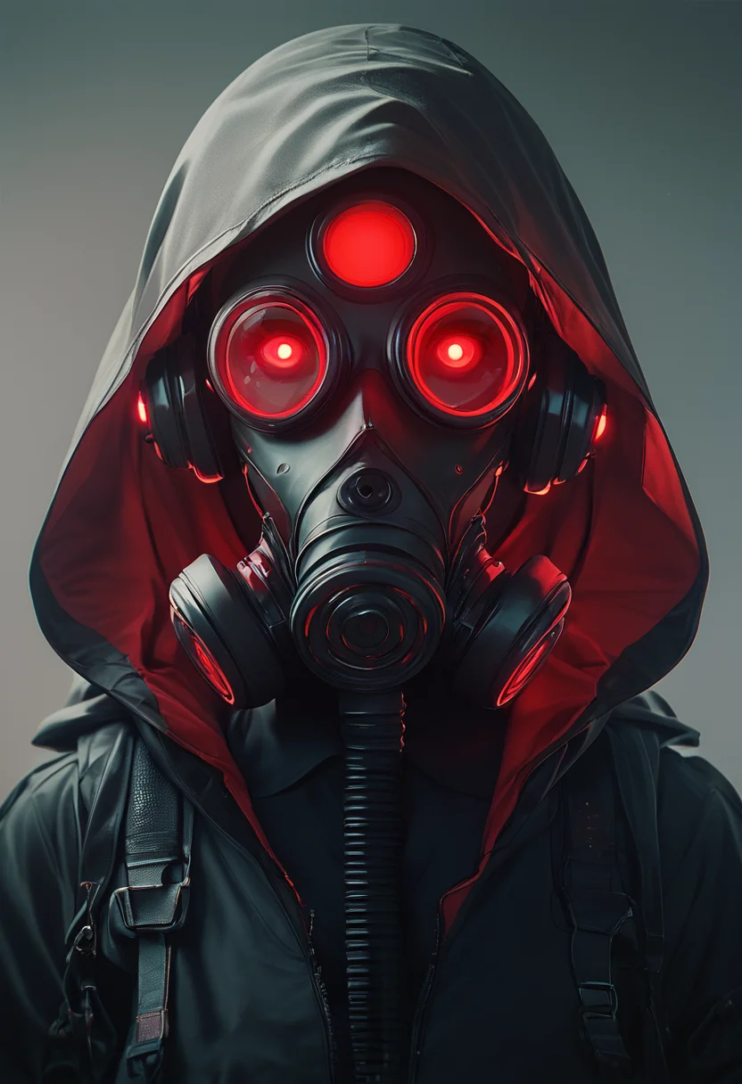 (score_9, score_8_up), score_7_up, looking at viewer, red eyes, jacket, upper body, hood, hoodie, mask, glowing, headphones, facing viewer, gas mask
<lora:Gas_mask-000009:0.7>