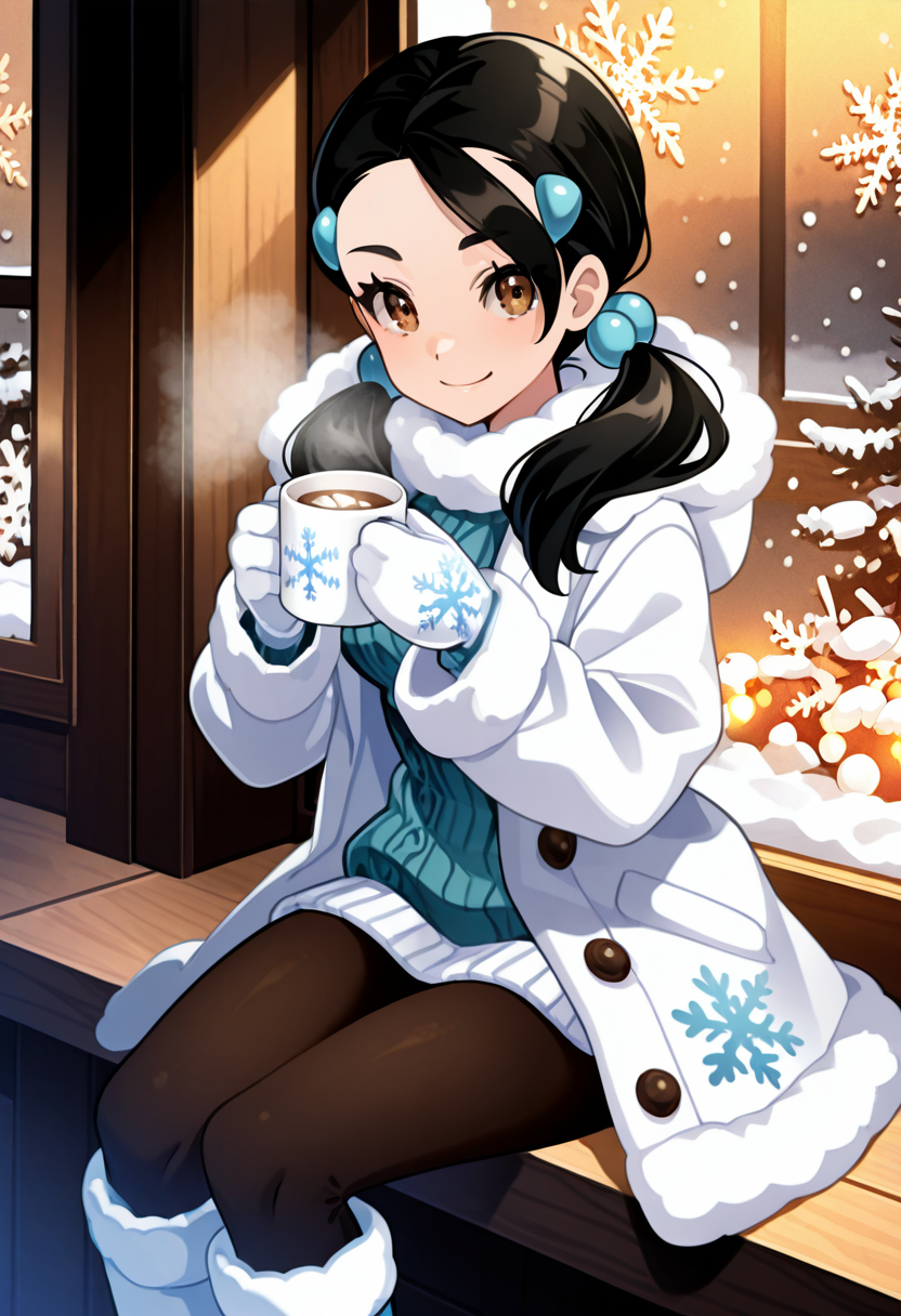 masterpiece, best quality, 1girl, solo, eyelashes, (beautiful eyes), narrow waist, smile,  sitting,    [Icy Window Wait], zzCandice, brown eyes, hair ornament, twintails, C0utur3Cr4z3, fur-lined coat, wool leggings, snow boots, knit gloves, frosted cafÃ© window, steaming mug, snowfall â zzCandice sits tucked in a corner booth, twintails resting gently over her shoulders as she cradles a mug in gloved hands. Frost traces patterns across the window beside her, and outside, snowflakes drift past glowing city lights. Inside, warmth clings to her coat and lashes.  , <lora:CandicePokemon_NAI:0.8>,   <lora:CoutureCraze_IXL:0.7>,