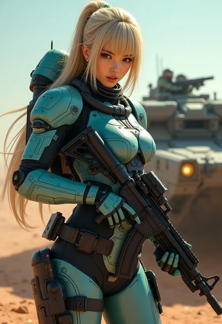 great lighting, intricate detail, beautiful, stunning Japanese space marine, long blonde hair with colored streaks, bangs, skin-tight teal body armor with dark blue accents, holding assault rifle, aiming at viewer, standing next to armored vehicle on a rocky, dusty planet surface, High Detail, Perfect Composition, movie scenes, highly detailed. Photorealistic rendering, dramatic lighting, sharp contrast
