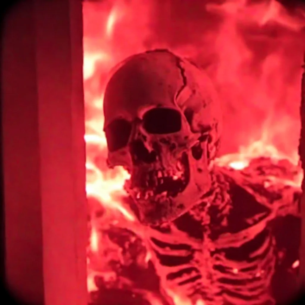 cinematic film, upright  red hot glowing skul inside a (dark:1.4) crematorium <lora:crematorium-000018:1>,  black background