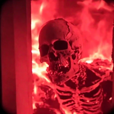 cinematic film, upright red hot glowing skul inside a (dark:1.4) crematorium <lora:crematorium-000018:1>, black background