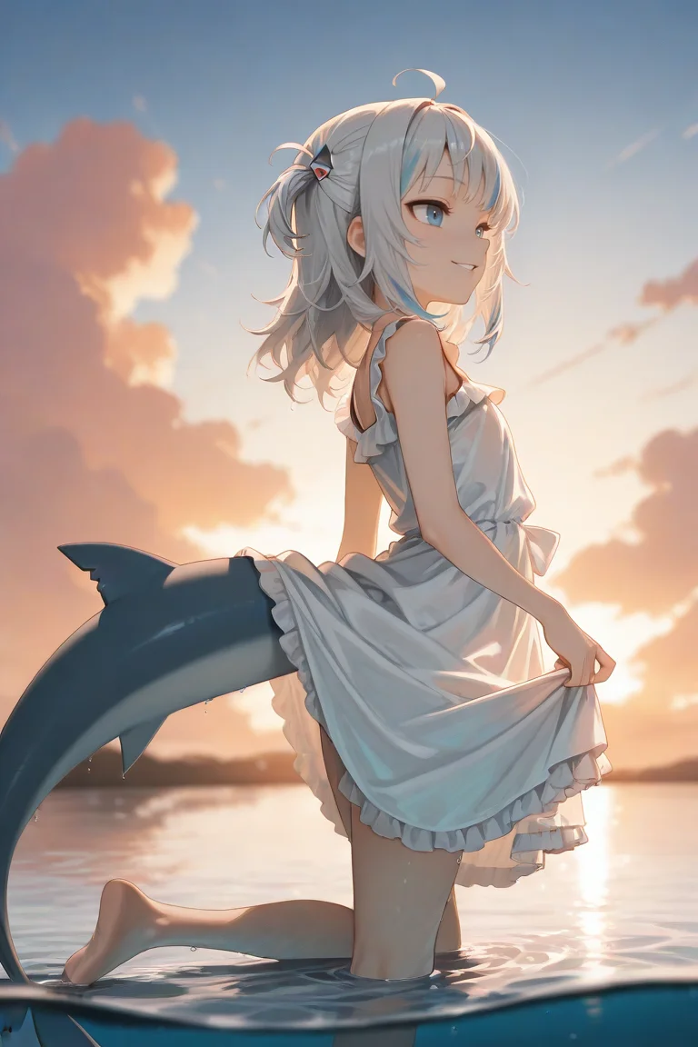 masterpiece, best quality, high quality, highres, ultra-detailed, 
1girl, ahoge, barefoot, blurry, clothes lift, clouds, depth of field, foot out of frame, frilled dress, from side, partially submerged, dress hold, dress lift, sky, sleeveless dress, solo, sundress, wading, water, white dress, sunset, 
 <lora:gura_illus:1> shark hair ornament, two side up, grey hair, streaked hair, blue eyes, shark tail, smile, parted lips, looking to the side, 
<lora:add-detail-xl:3>,