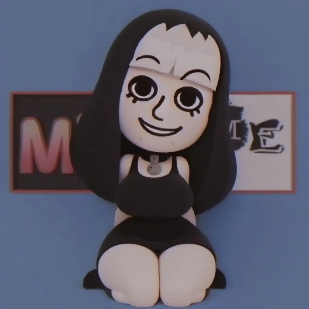 Score_9_up, score_8_up, score_7_up, detailed, cartoon, cartoonish, digital art, 2d, Rawtime, smiling, smile, 1girl, solo, black hair, from front, front view, chibi, black clothing, digital art, blue background , full body, standing, wide hips, thick thighs, sexy thighs, large breasts, Thunder thighs, multicolored hair, white and black hair, white hair, collar, sitting, looking at viewer, white sofa, white skin, colored skin