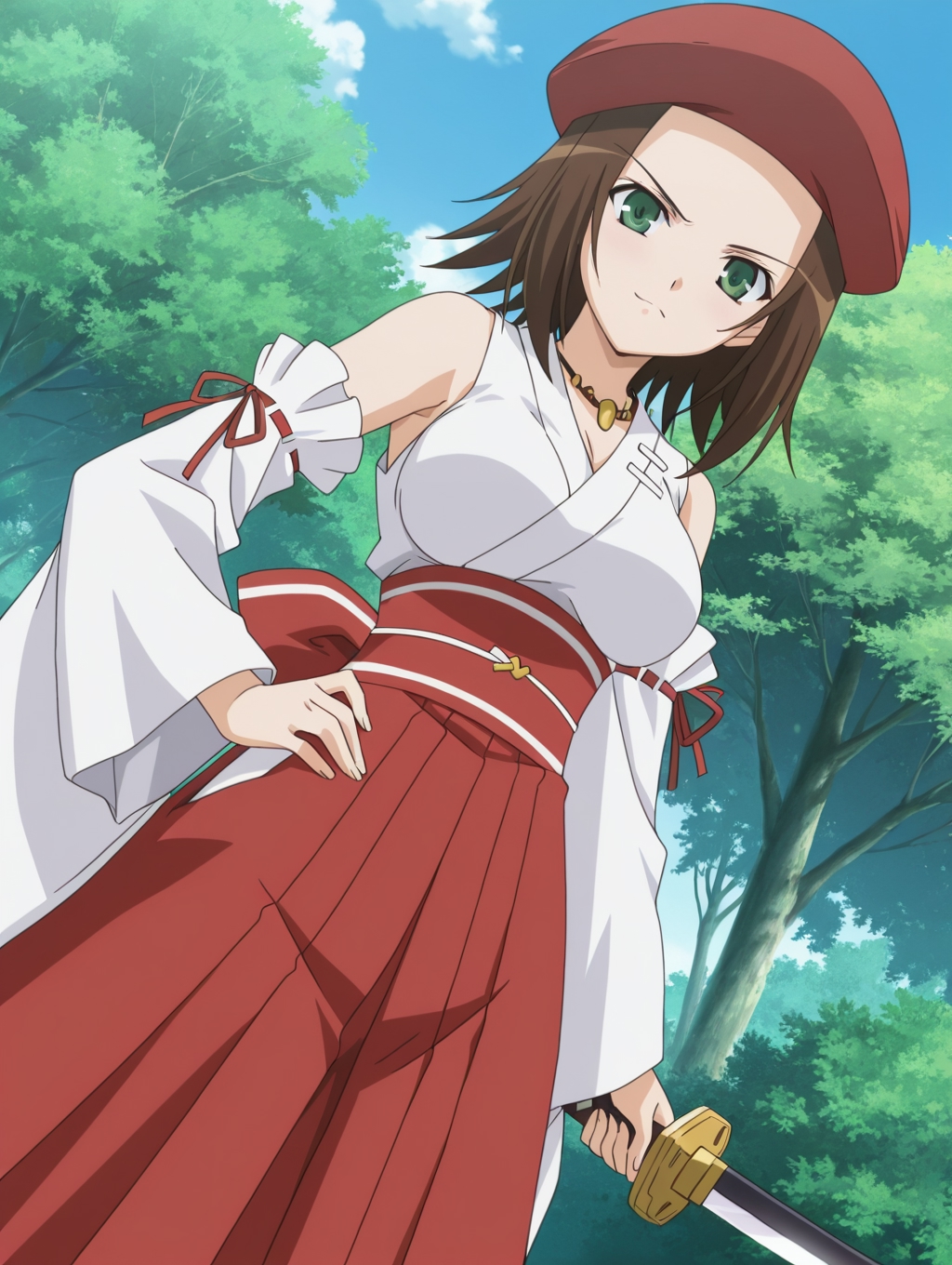 masterpiece, best quality, newest, absurdres, highres, detailed eyes, beautiful, detailed background, perfect eyes, anime coloring, anime screencap, 2000s \(style\), 1girl, solo, ageha (omamori himari), brown hair, short hair, green eyes, medium breasts, beret, japanese clothes, white top kimono, detached sleeves, necklace, red hakama, ankle boots, holding sword, looking at viewer, frown, smile, dutch angle, cowboy shot, (outdoors),