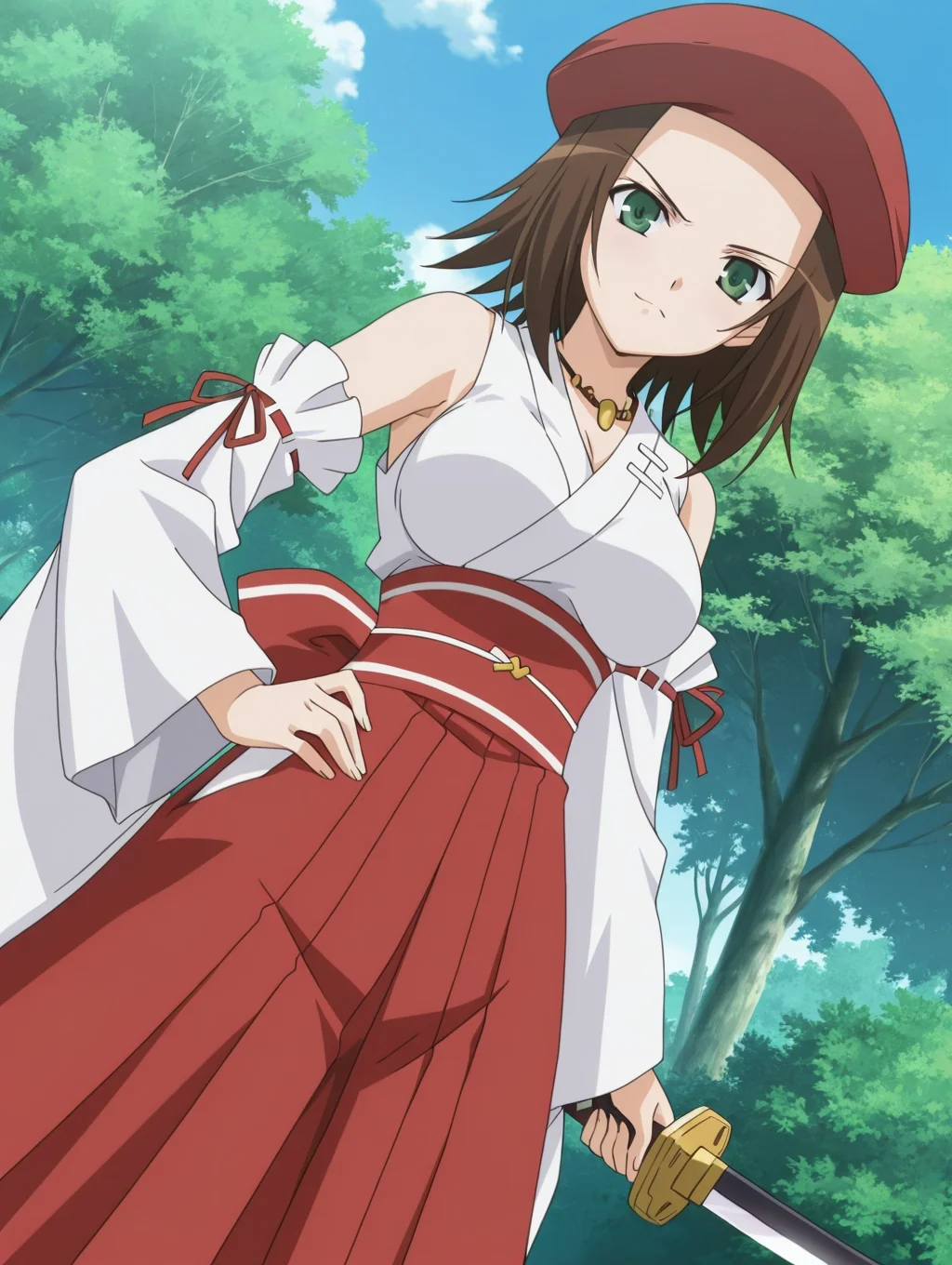 masterpiece, best quality, newest, absurdres, highres, detailed eyes, beautiful, detailed background, perfect eyes, anime coloring, anime screencap, 2000s \(style\), 1girl, solo, ageha (omamori himari), brown hair, short hair, green eyes, medium breasts, beret, japanese clothes, white top kimono, detached sleeves, necklace, red hakama, ankle boots, holding sword, looking at viewer, frown, smile, dutch angle, cowboy shot, (outdoors),