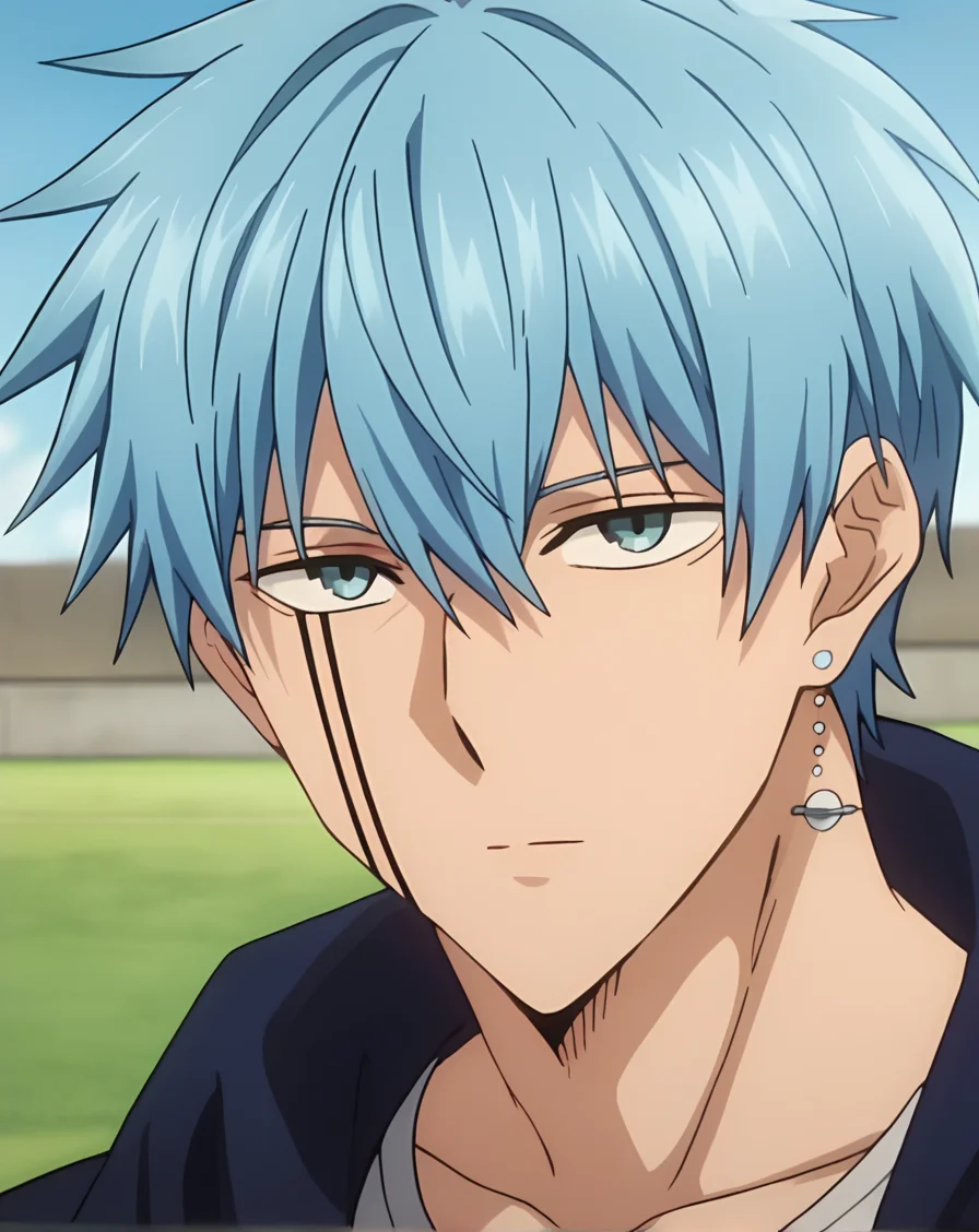 score_9, score_8_up, score_7_up, original style, source_anime, anime screencap, BREAK, depth of field, ((1boy, solo, male only, male focus, face focus)), (crown_lance, blue eyes, blue hair, short hair, bangs, hair between eyes, adult, facial tattoo, single earring), happy, looking at viewer, facing viewer, collarbone, outdoors, <lora:Crown_Lance__Mashle:1>