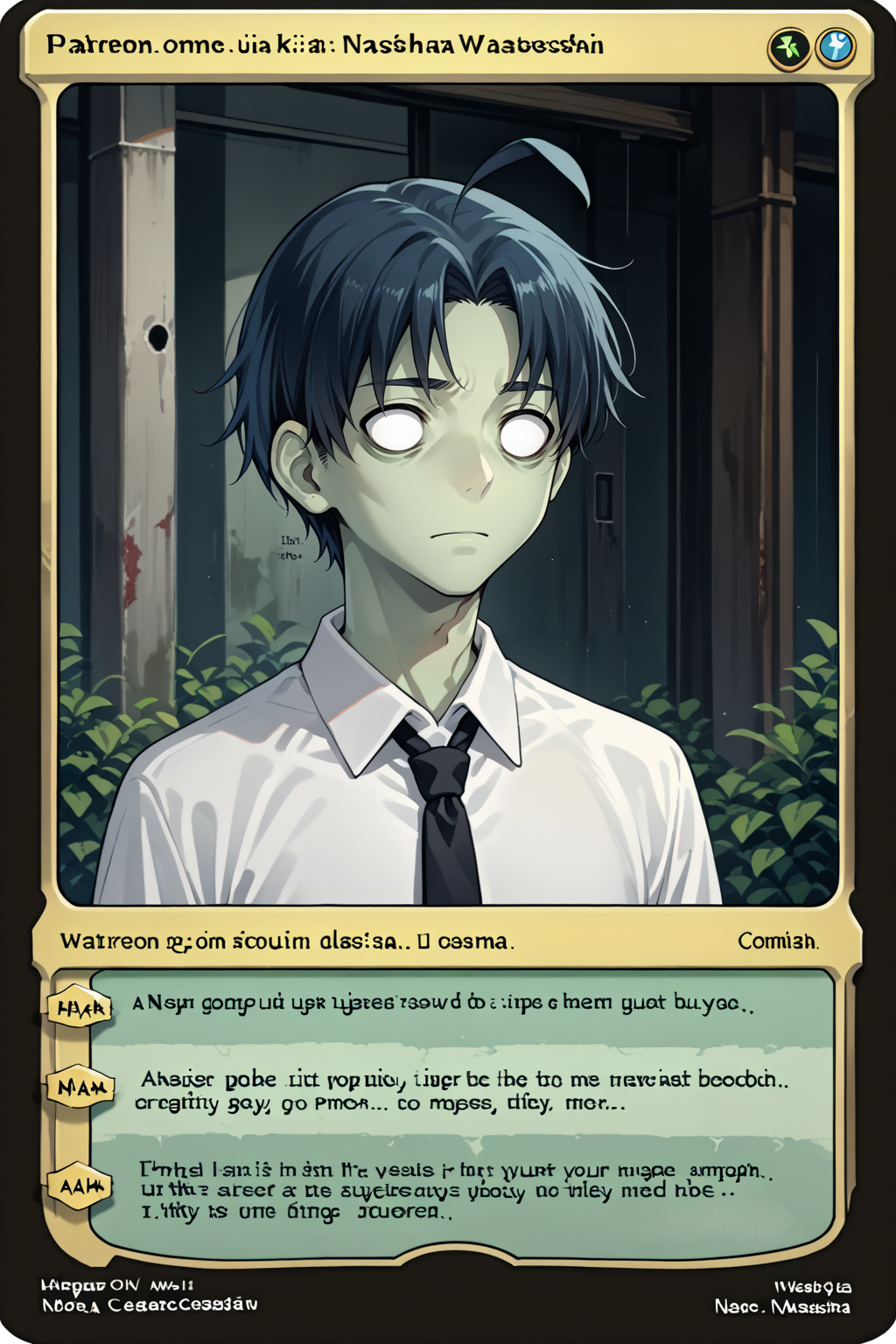 score_9,score_8_up,score_7_up, source_anime, solo, 1boy, <lora:NSHisaoKatawa:0.9> NSHisaoKatawa, empty eyes, dark blue hair, short hair, ahoge, black necktie, white collared shirt, long sleeves, green pants, zombie, green skin,  <lora:MTG_card_v2:1> c4rd,english text,character name