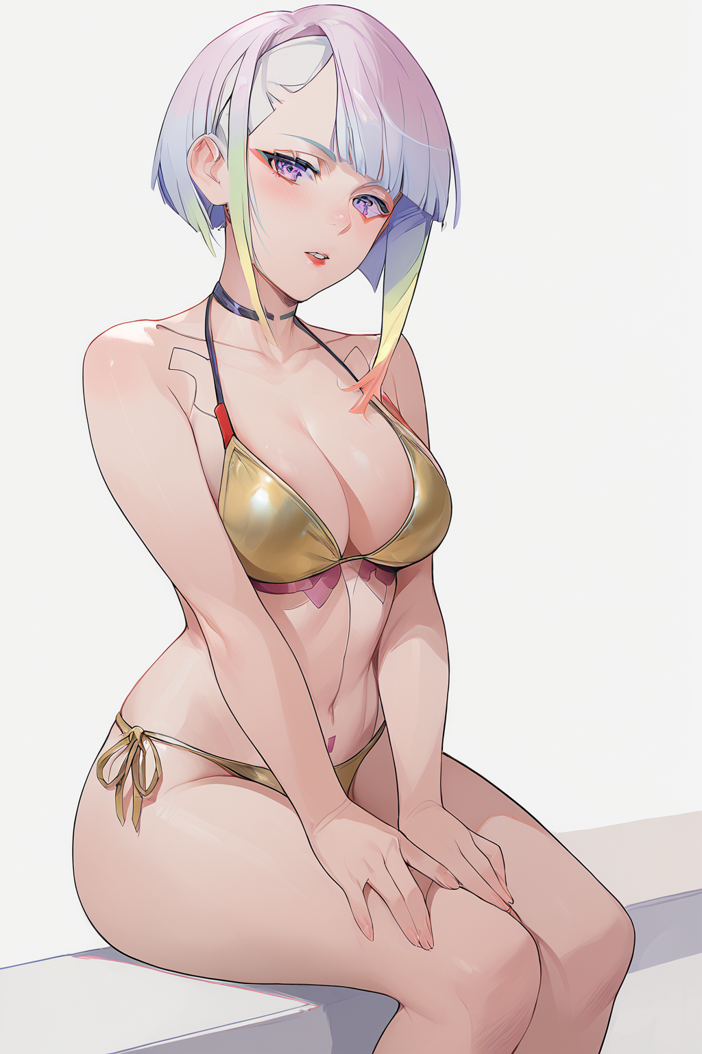 score_9,score_8_up,score_7_up,
<lora:Lucy_Pony:1>,
lucyna,fanart,1girl,breasts,solo,swimsuit,bikini,lucy,(cyberpunk),looking at viewer,side-tie bikini bottom,bangs,multicolored hair,white background,cleavage,large breasts,short hair,simple background,gold bikini,collarbone,bare shoulders,sitting,parted lips,yellow bikini,choker,thighs,makeup,gradient hair,hands on own thighs,white hair,red eyeliner,purple eyes,jewelry,blush,string bikini,pink hair,cropped legs,