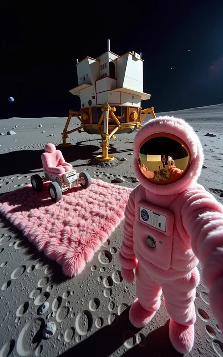 A lone astronaut stands on the dusty lunar surface, taking a surreal selfie. His spacesuit, instead of the usual high-tech materials, is entirely covered in soft pink fur, from helmet to boots. The reflection in his helmet visor shows the bizarre sight of a fluffy lunar landscape. Behind him, the landing module stands proudly, also wrapped in the same plush pink fur, its soft surface gleaming under the harsh lunar light. A rover, equally fluffy, sits nearby, with its oversized wheels looking almost toy-like. In front of the module, a pink fur carpet is spread out, its fibers lightly blowing in the low-gravity breeze, creating a scene both absurd and strangely serene against the desolate grey moon. The selfie captures a whimsical contradiction of high-tech exploration and playful softness.