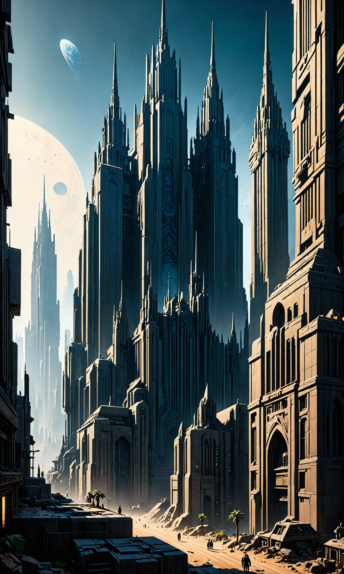 The most amazing dream you ever had about an alien world. The cityscape is a large brutalist building with high windows and buildings, it has many tall spires made of metal-plated stone towers over a vast desert landscape by Noah Bradley in the style of Frank Frazetta. Cinematic, volumetric lighting, 8k, photorealism, extremely beautiful, <hypernet:BadHands:1> <lora:Fast:0.69>