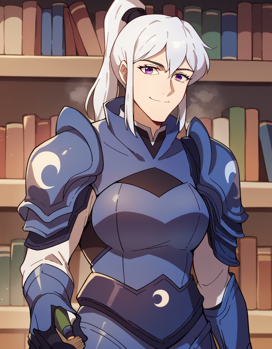 score_9, score_8_up, score_7_up, source_anime, <lora:dota-luna-anime-ponyxl-lora-nochekaiser:1>, luna, ponytail, white hair, purple eyes,, armor, dress, shoulder armor, high collar,, bookstore, browsing shelves, new book smell, finding a favorite, quiet atmosphere, smile, looking at viewer, hand holding a pencil, solo,, cowboy shot, dutch angle