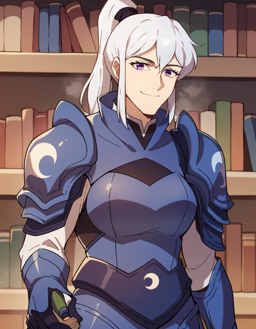score_9, score_8_up, score_7_up, source_anime, <lora:dota-luna-anime-ponyxl-lora-nochekaiser:1>, luna, ponytail, white hair, purple eyes,, armor, dress, shoulder armor, high collar,, bookstore, browsing shelves, new book smell, finding a favorite, quiet atmosphere, smile, looking at viewer, hand holding a pencil, solo,, cowboy shot, dutch angle