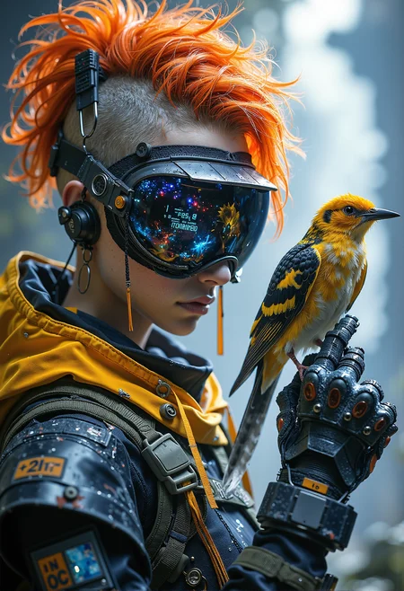 A futuristic human with an asymmetrical haircut dyed in vibrant colors, wearing sleek goggles with data streams reflected in the lenses, and holding a small bird perched on their gloved hand <lora:Elden_Ring_-_Yoshitaka_Amano.safetensors:1.0>, <lora:black_fantasy.safetensors:0.5>,