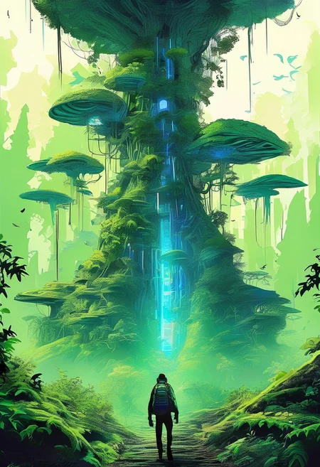 1 man, A lone traveler, walking through a dense, mystical forest , magical forest, ancient forest, big plants, fern, Podophyllum, Colocasia, big leaf, rocks, wildflower, mushroom, plane crash covered with plants, with towering ancient trees, creepers, glowing plants, blue glowing lights, neon, neon light, and a distant light guiding the way, scary, horror, cinematic, epic, poster, digital painting, colorful, green, blue, dark colors, intricate details, adventure, science fiction, Asaf hanuka, uplight, 35mm
