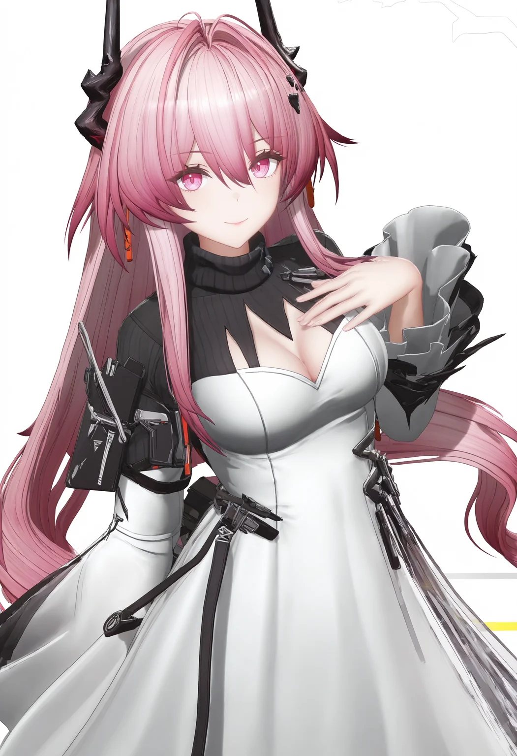 theresa_(arknights),1girl, black horns, breast suppress, breasts, cleavage, cleavage cutout, closed mouth, clothing cutout, cowboy shot, dress, hair between eyes, horns, large breasts, long hair, long sleeves, looking at viewer, pink eyes, pink hair, simple background, sketch, smile, solo, standing, turtleneck, turtleneck dress, very long hair, white background, white dress,
endfieldstyle,3D,<lora:endfieldstyle-000014:1>,
