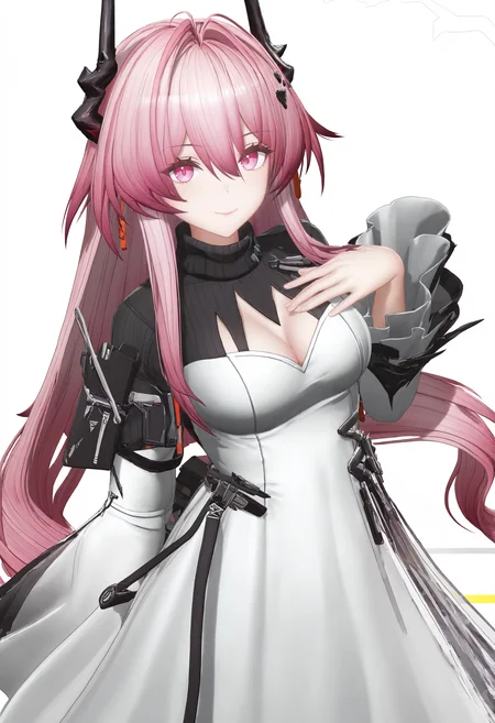 theresa_(arknights),1girl, black horns, breast suppress, breasts, cleavage, cleavage cutout, closed mouth, clothing cutout, cowboy shot, dress, hair between eyes, horns, large breasts, long hair, long sleeves, looking at viewer, pink eyes, pink hair, simple background, sketch, smile, solo, standing, turtleneck, turtleneck dress, very long hair, white background, white dress,
endfieldstyle,3D,<lora:endfieldstyle-000014:1>,