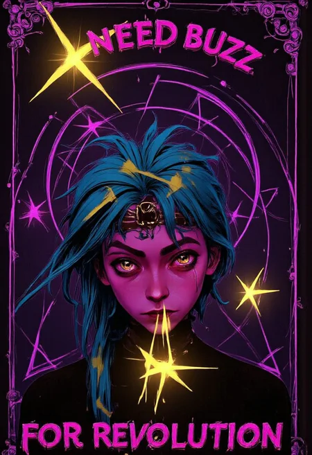 A byzantine style anarchist propaganda poster saying "need buzz" at the top and "for revolution" at the lower part of the image. The poster shows a pale jinx person with geometrical face paint and special long fluorescent neon hair. fluorescent fireflies, geometrical neon background, bo-abyss w3p0rtra1t