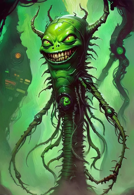 w4rh4mm3r style oil painting, grimdark, cybernetic , 
tall creepy green beans man monster, lascivious smile