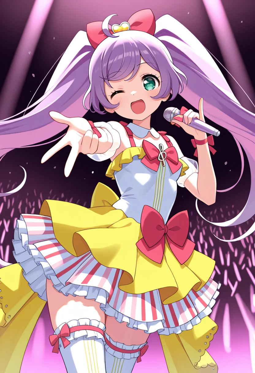 best quality, masterpiece, absurdres, manaka laala, holding microphone, one eye closed, idol dress, thighhighs, heart <lora:manaka_laala:1>