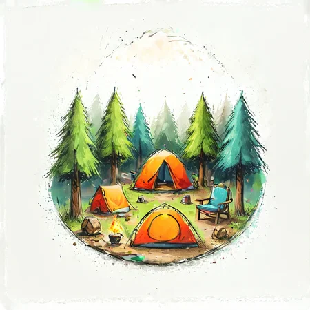 camping in forest, cercle sticker shape, coloful vector art, white background, <lora:Cute_Drawing:1>
